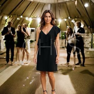 BEBE Dress Asymmetric Black Ruffle Detail Size 10 Party Cocktail Wedding LBD